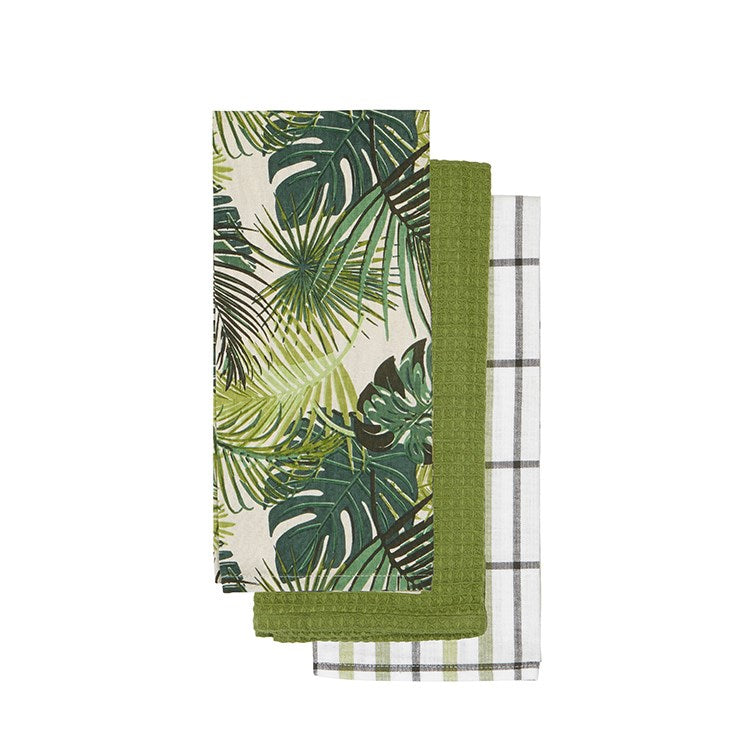 Set Of 3 Green Palm Leaf Kitchen Towels