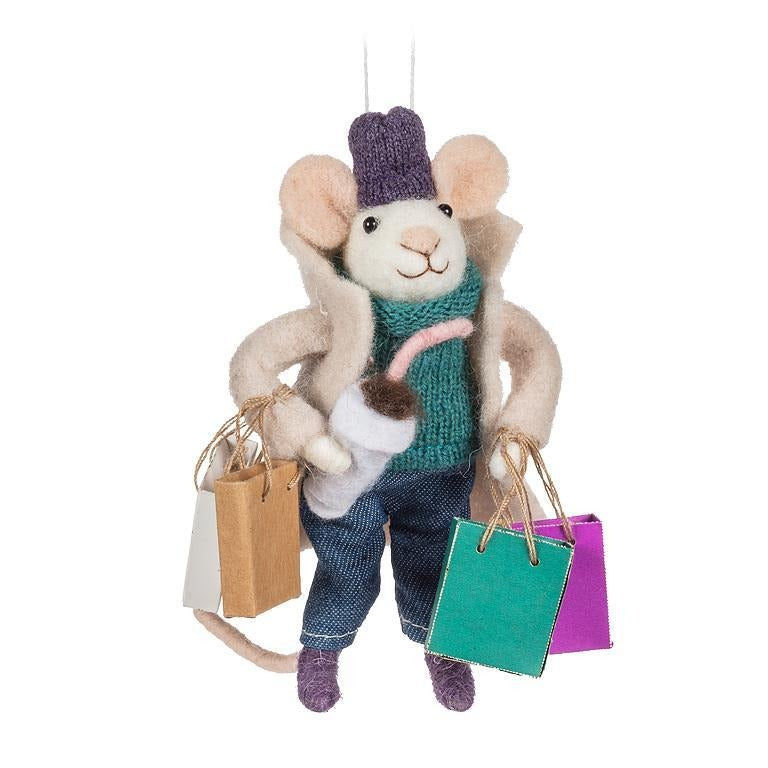 Shopping Mouse Ornament with Bags & Festive Latte – Holiday Décor gift Montreal Villeray Urban Palate