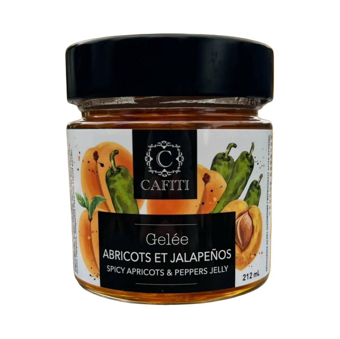 Jar of Cafiti spicy apricots and peppers jelly on a yellow background