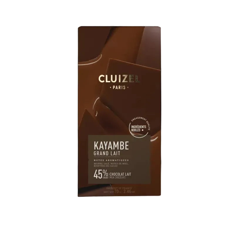 Cluizel chocolate bar packaging with 'Kayambe Grand Lait' on a dark background