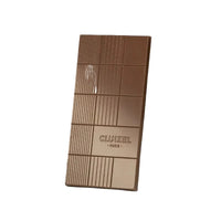 Chocolate bar with Cluizel branding on a dark background