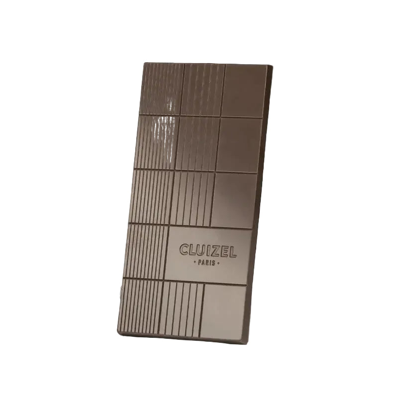 Chocolate bar with Cluizel Paris branding on a dark background