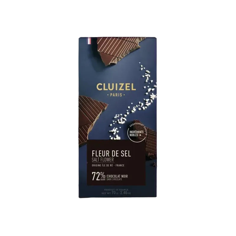 Cluizel Fleur de Sel chocolate bar packaging on a dark background