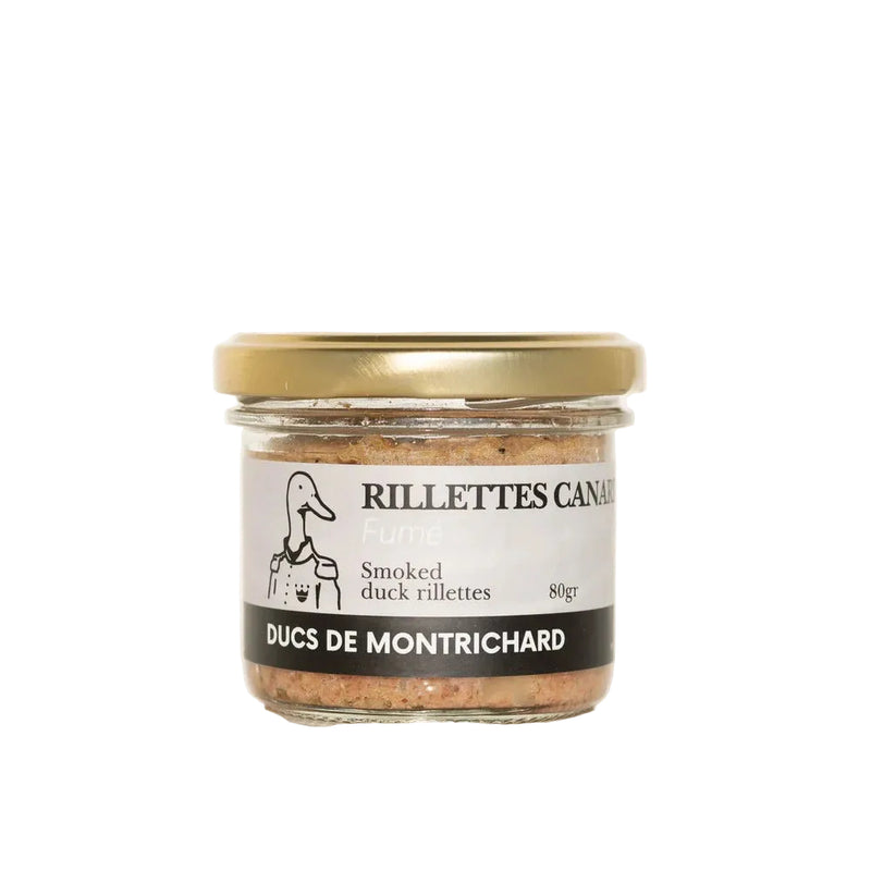 Jar of Ducs de Montrichard smoked duck rillettes on a white background