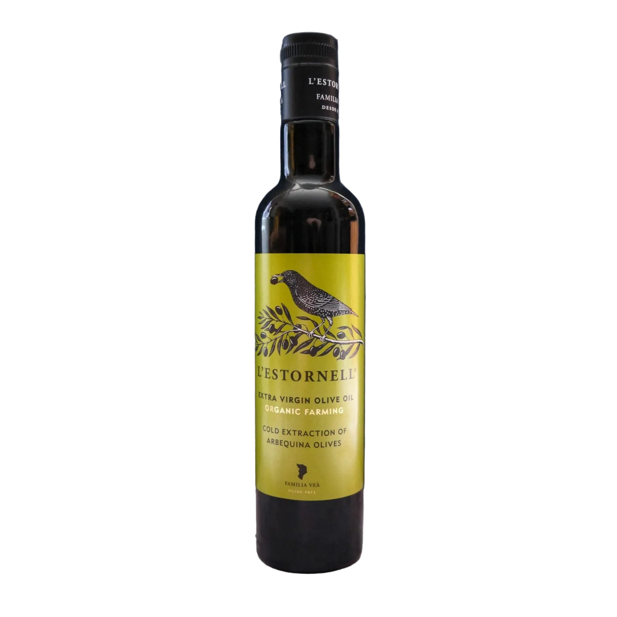 Bottle of olive oil with a yellow label on a white background