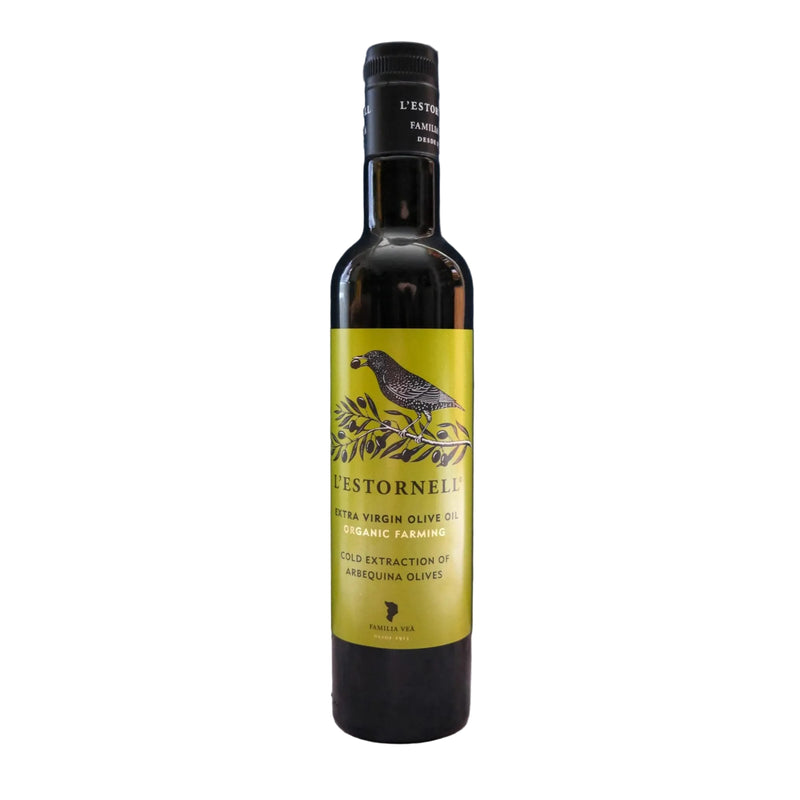 Bottle of olive oil with a yellow label on a white background