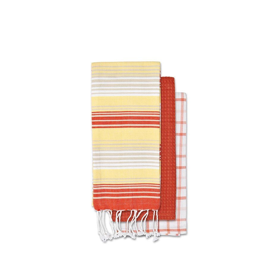 Set Of 3 Fringe Woven Tea Towel Set - Tangerine