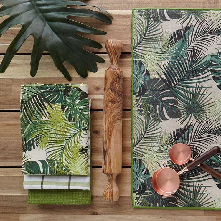 Set Of 3 Green Palm Leaf Kitchen Towels