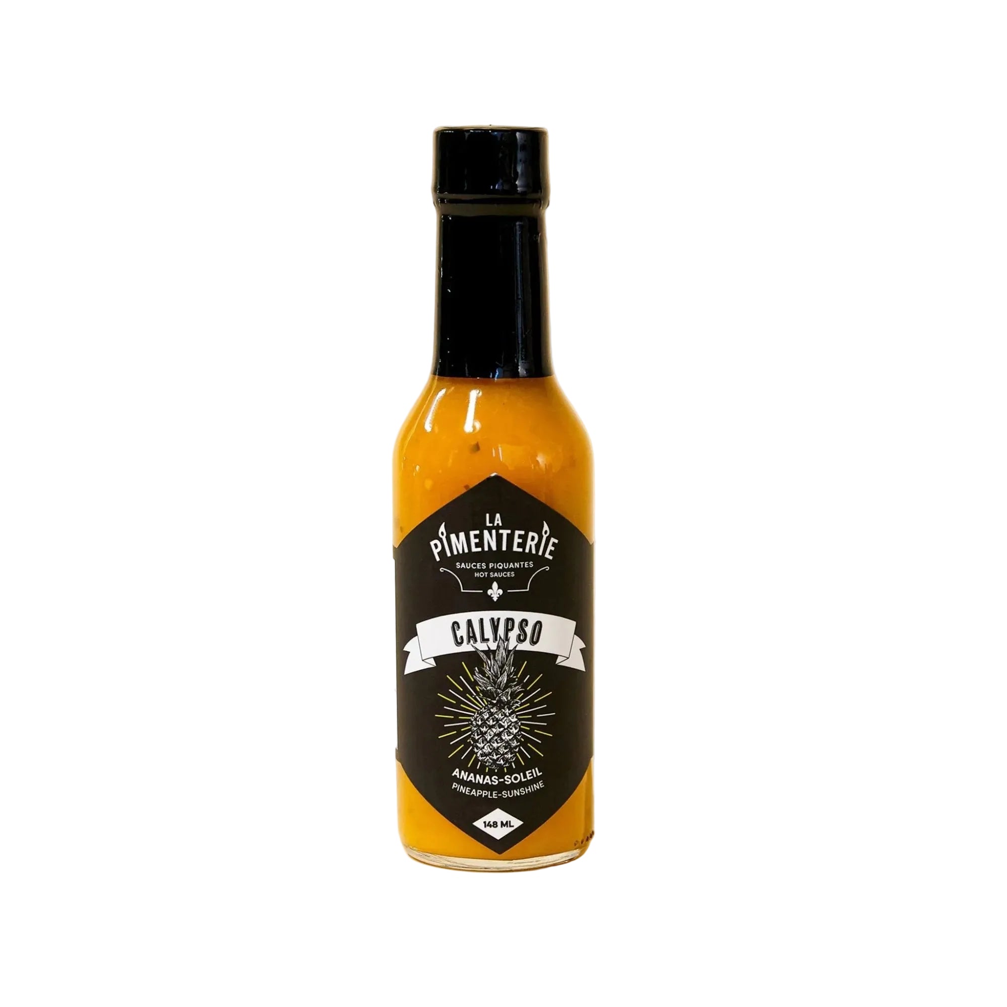 Bottle of La Pimenterie Calypso hot sauce on a white background
