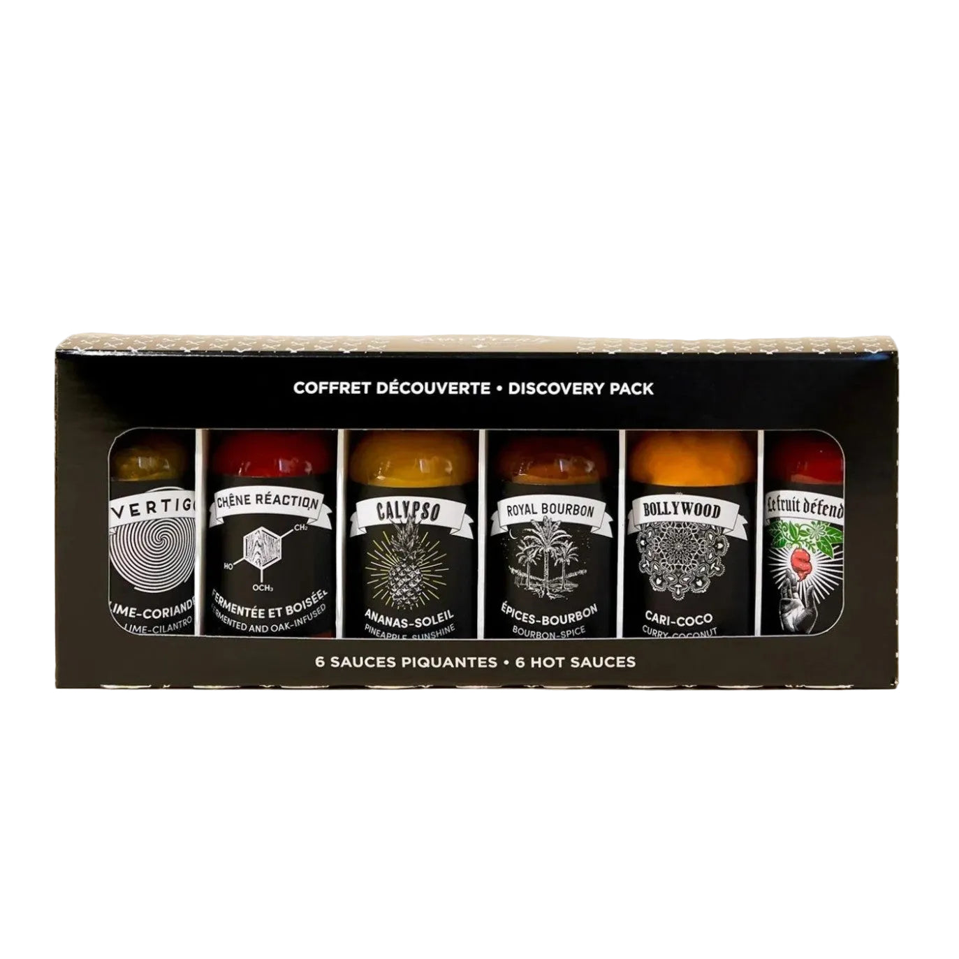 Packaging of hot sauce bottles with labels on a white background
