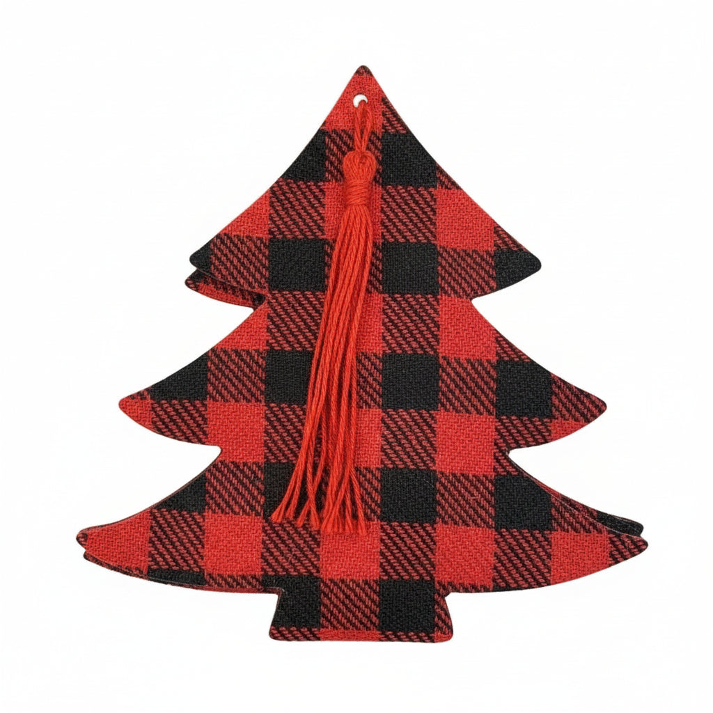 Red and black checkered fabric with red thread on clear plastic packaging.