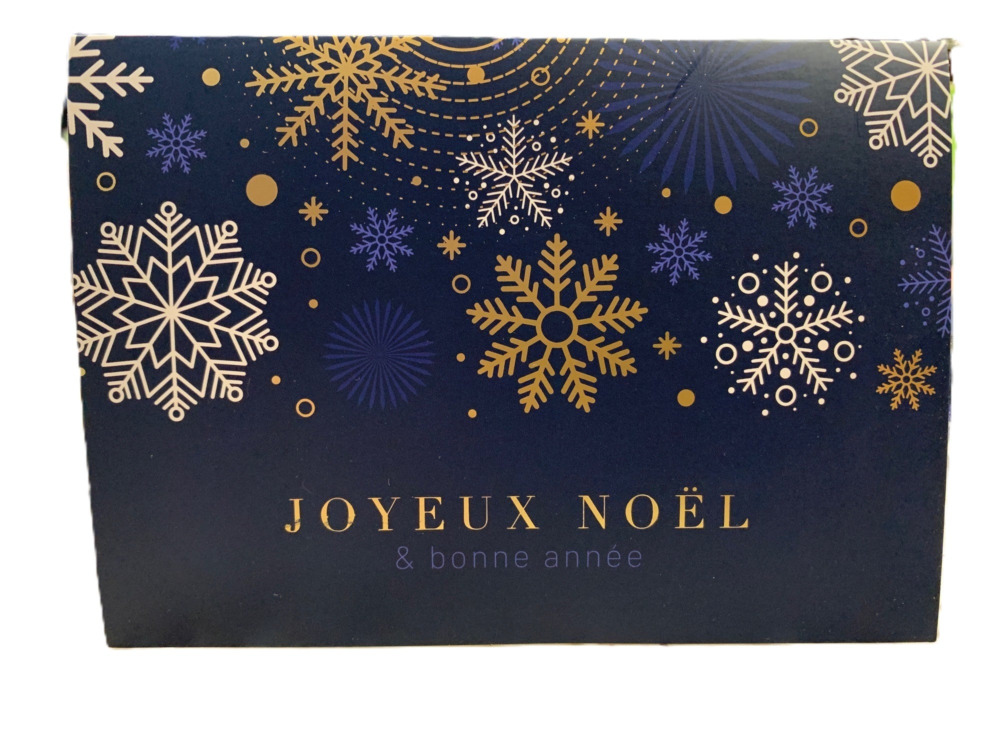 Decorative box with snowflakes and 'Joyeux Noel' text on a blue background