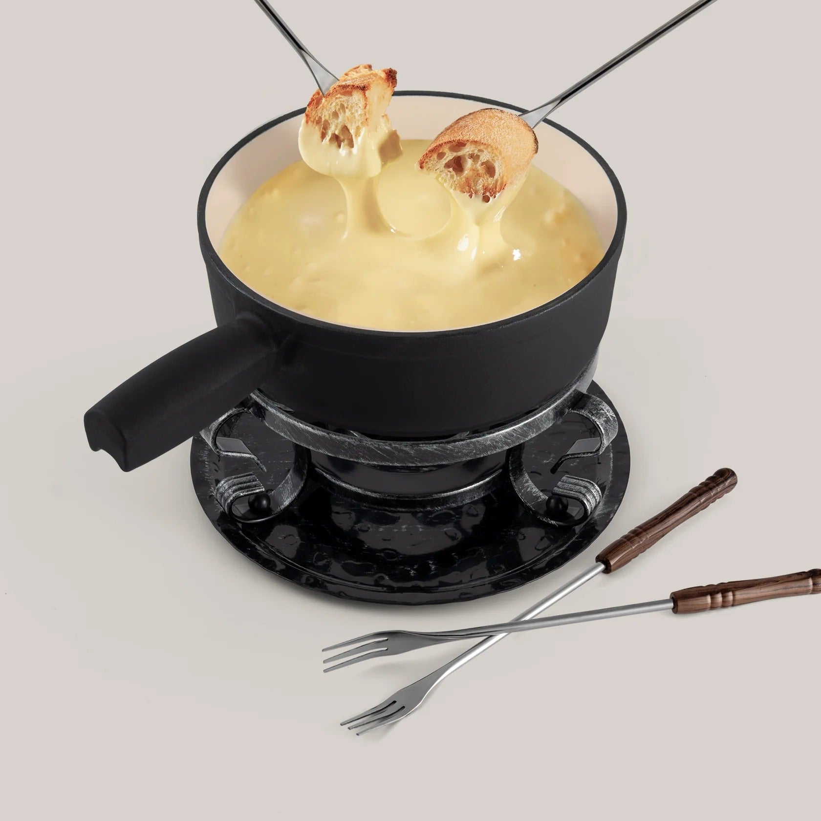 Lugano Matte Black Cast Iron Cheese Fondue Set