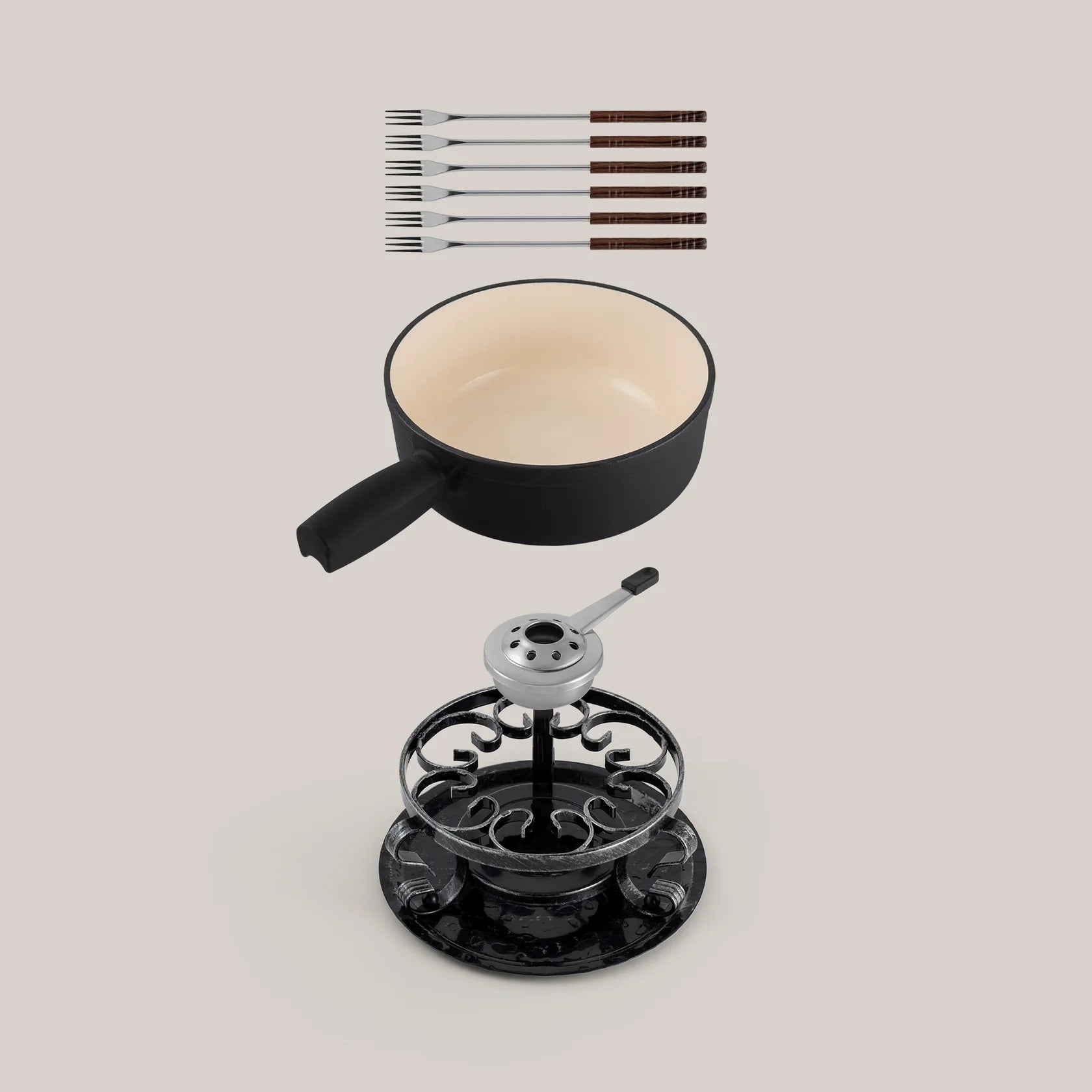 Lugano Matte Black Cast Iron Cheese Fondue Set