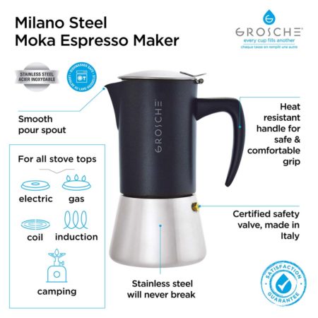 Grosche Milano Stovetop Espresso Maker Moka Pot 1 Espresso Cup - 1.5 fl oz, Black, Cuban Coffee Maker Stove Top Coffee Maker Moka Italian Espresso